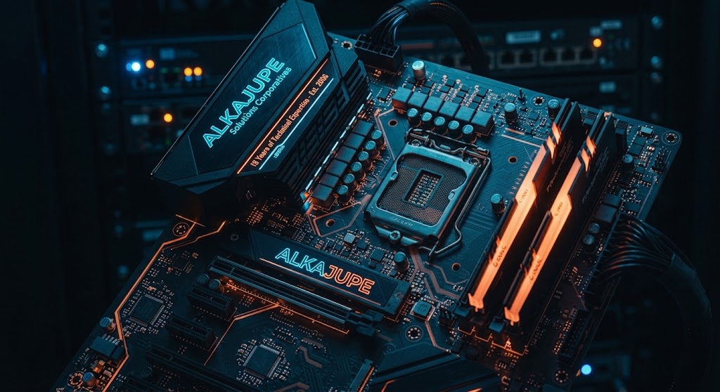 Placa-mãe com detalhes em azul e laranja